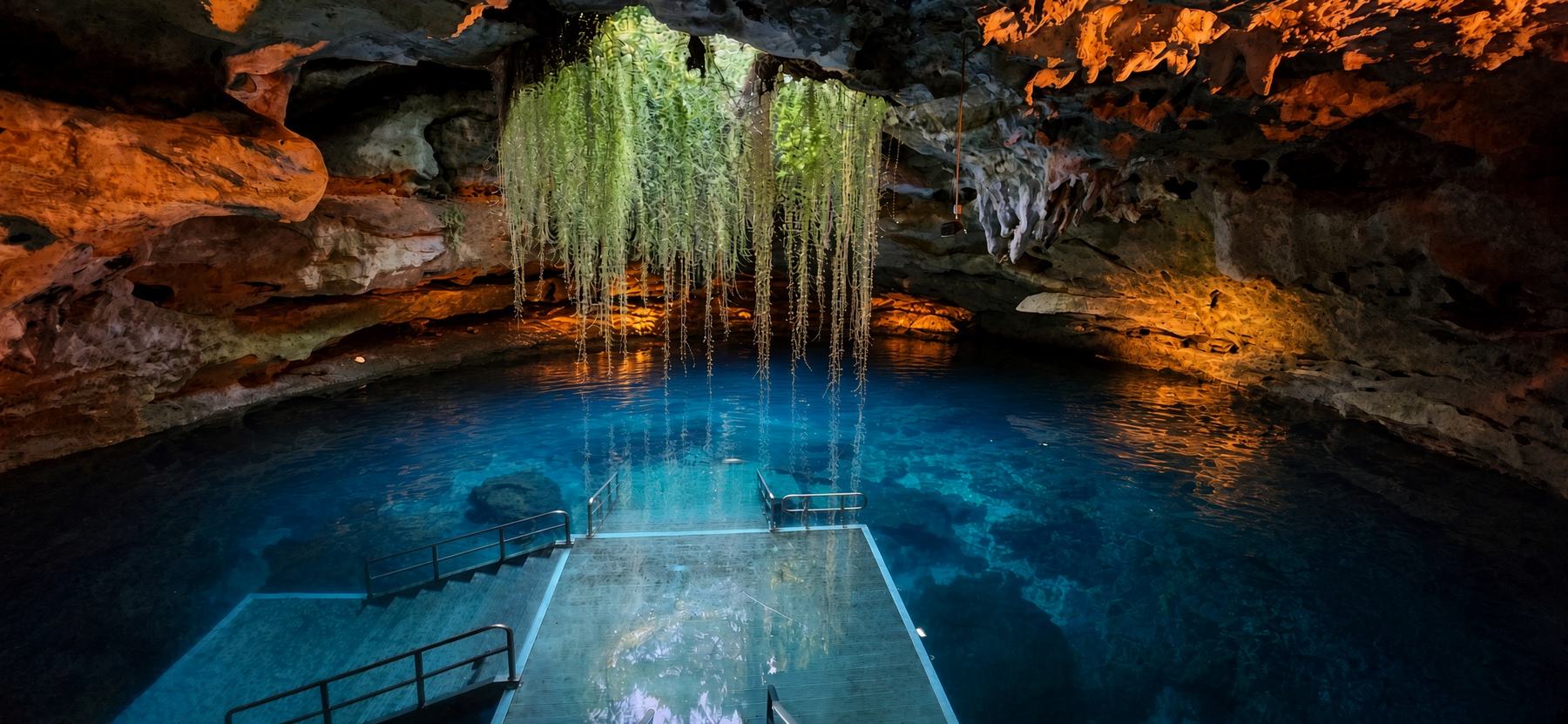 Devil's Den Prehistoric Spring, an underground cavern of blue water lit from above